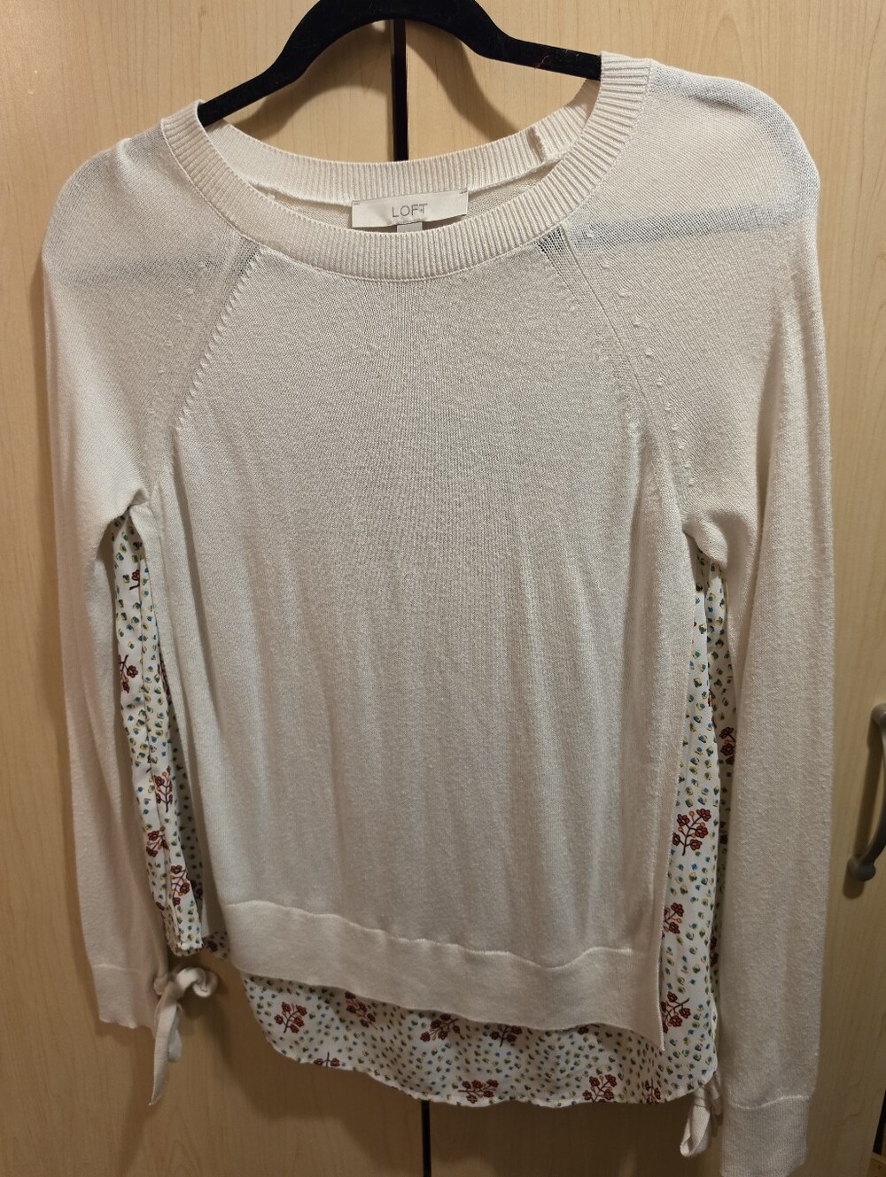 LOFT Cream Layered-Look Crewneck Sweater with Floral Hem